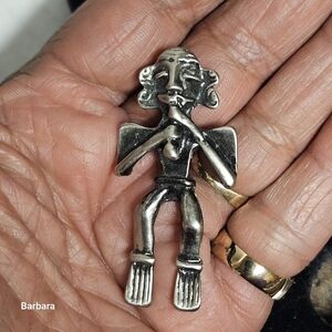 Vintage Silver-tone Mayan/Aztec Figure Playing Flute Brooch